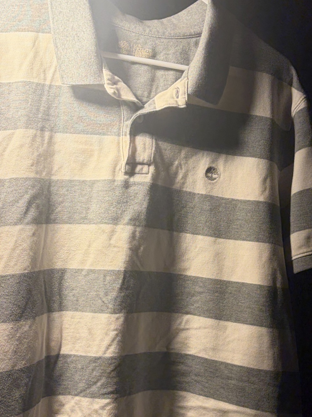 Timberland Men's Horizontal Cream and Gray Striped Polo